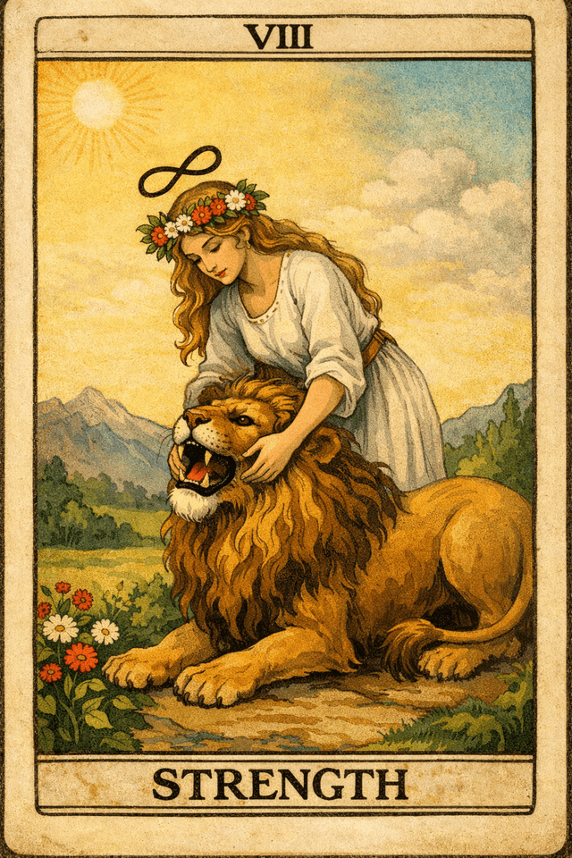 タロットカード「力」──優しく手を添えて猛獣を手なずける女性