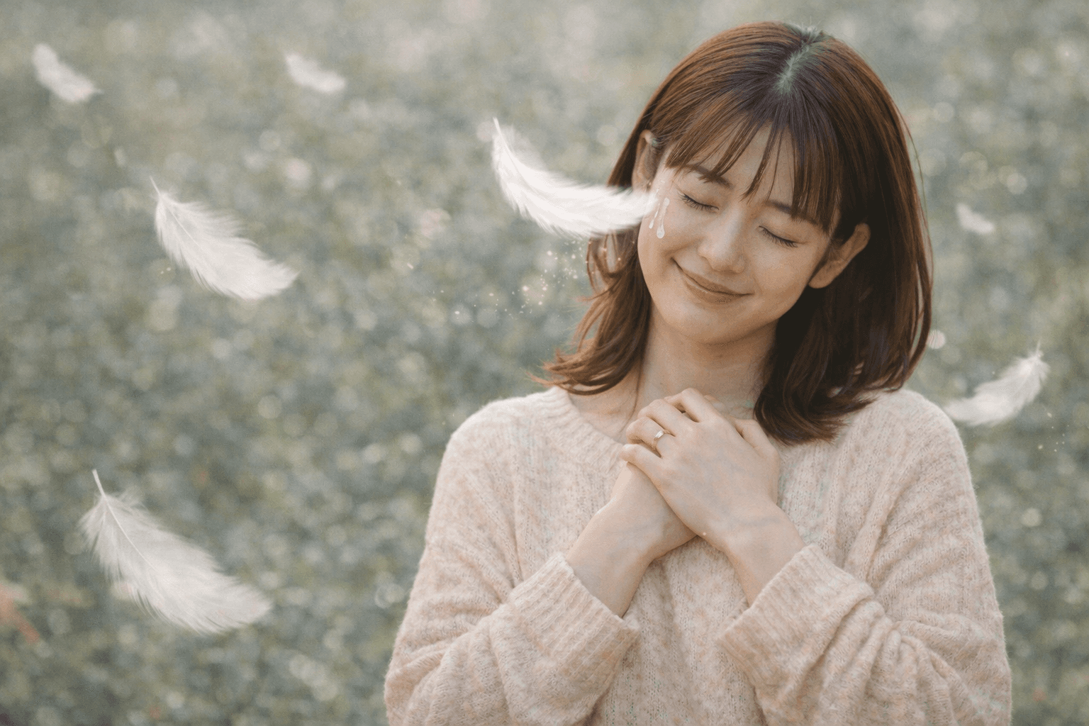 白い羽根が舞う中の女性──まだ終わりじゃない