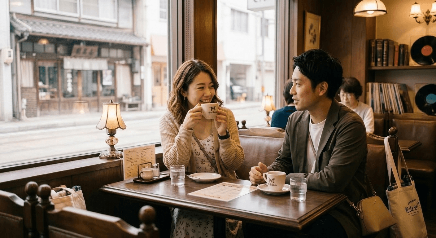 カフェで楽しく話すカップル——あなたの話を覚えている