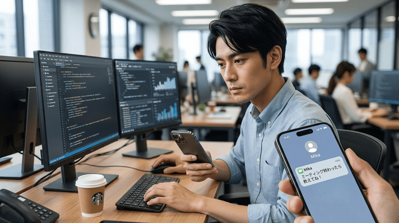 仕事中にスマホのLINEを見る男性——後回しにしているだけかもしれない