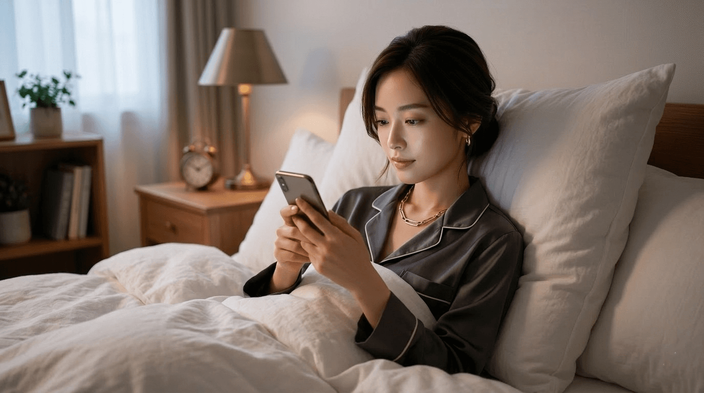 深夜のベッドでスマホを見つめる女性——SNSで偶然目に入る