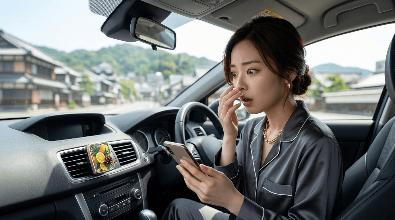 車内で芳香剤の香りに胸がざわつく女性——匂いで思い出す前兆