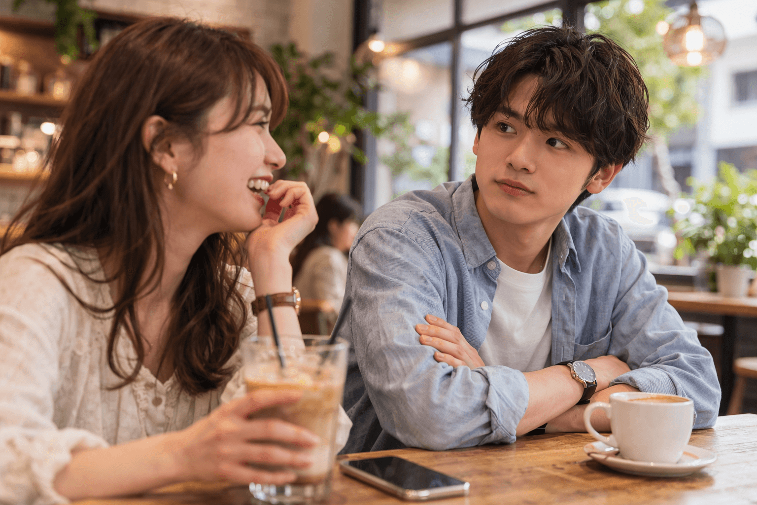 カフェで女性の話を聞く男性──他の男性の話に反応