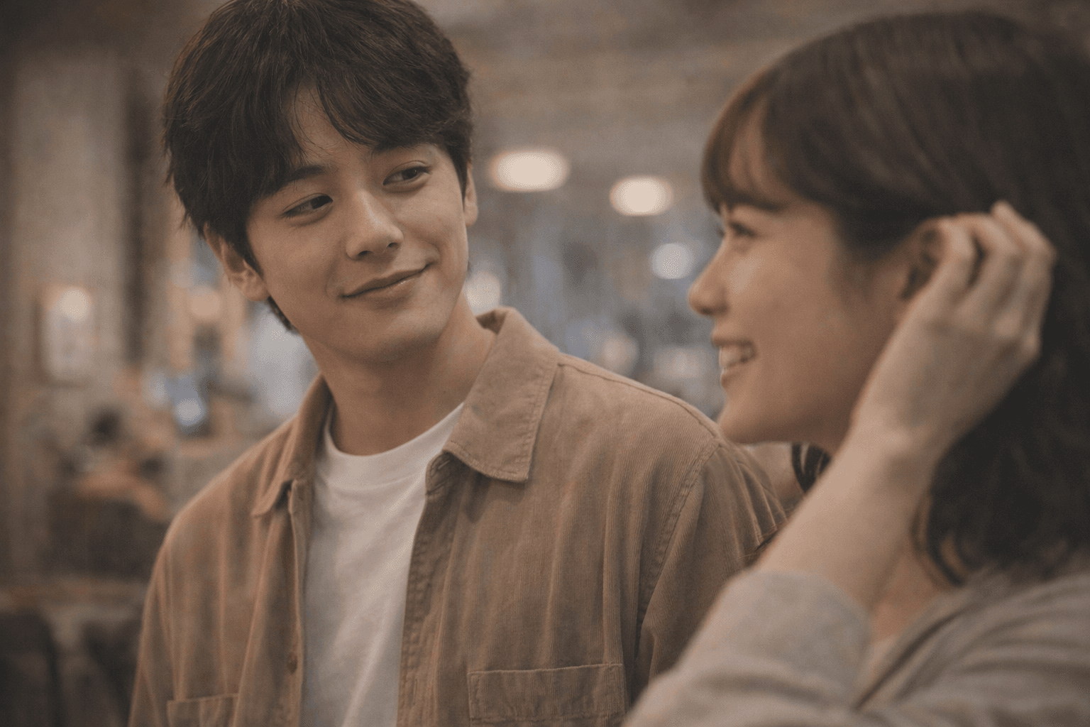 髪に触れる女性を見つめる男性──小さな変化に気づく