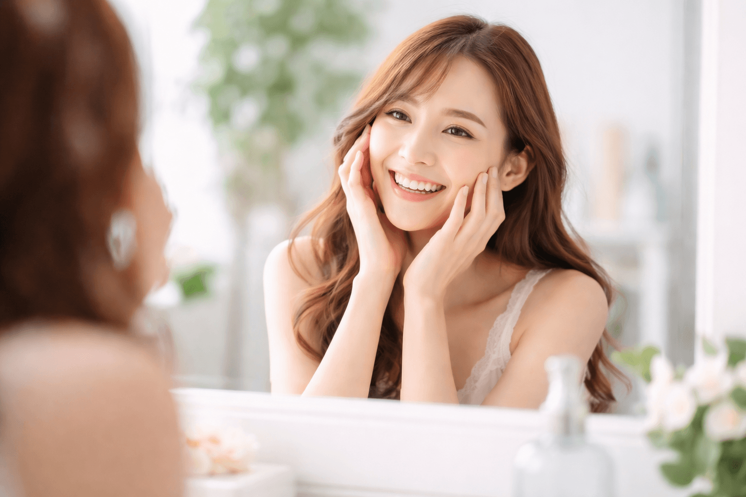 鏡に笑いかける女性──朝の笑顔が恋愛運を上げる