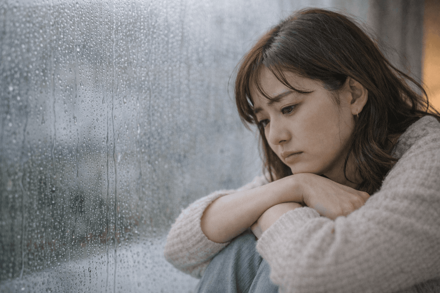 雨の窓辺で膝を抱える女性──やまない雨はない