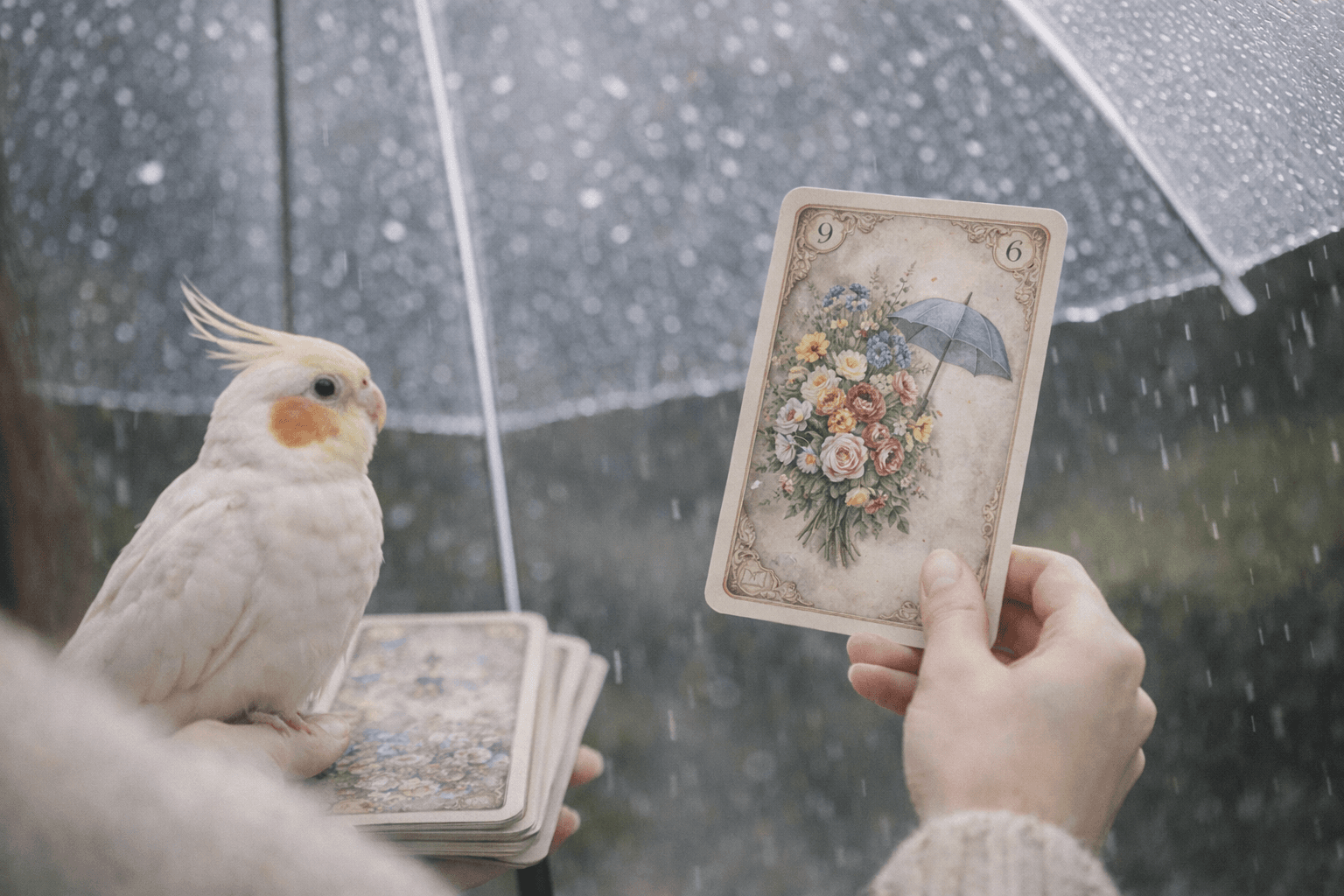 雨の中のインコとカード──悲しみの傘