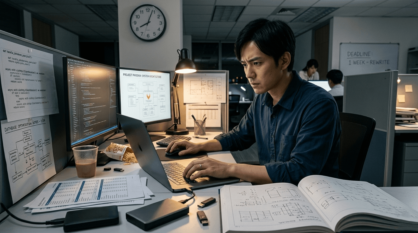 深夜のオフィスで仕事に没頭する男性