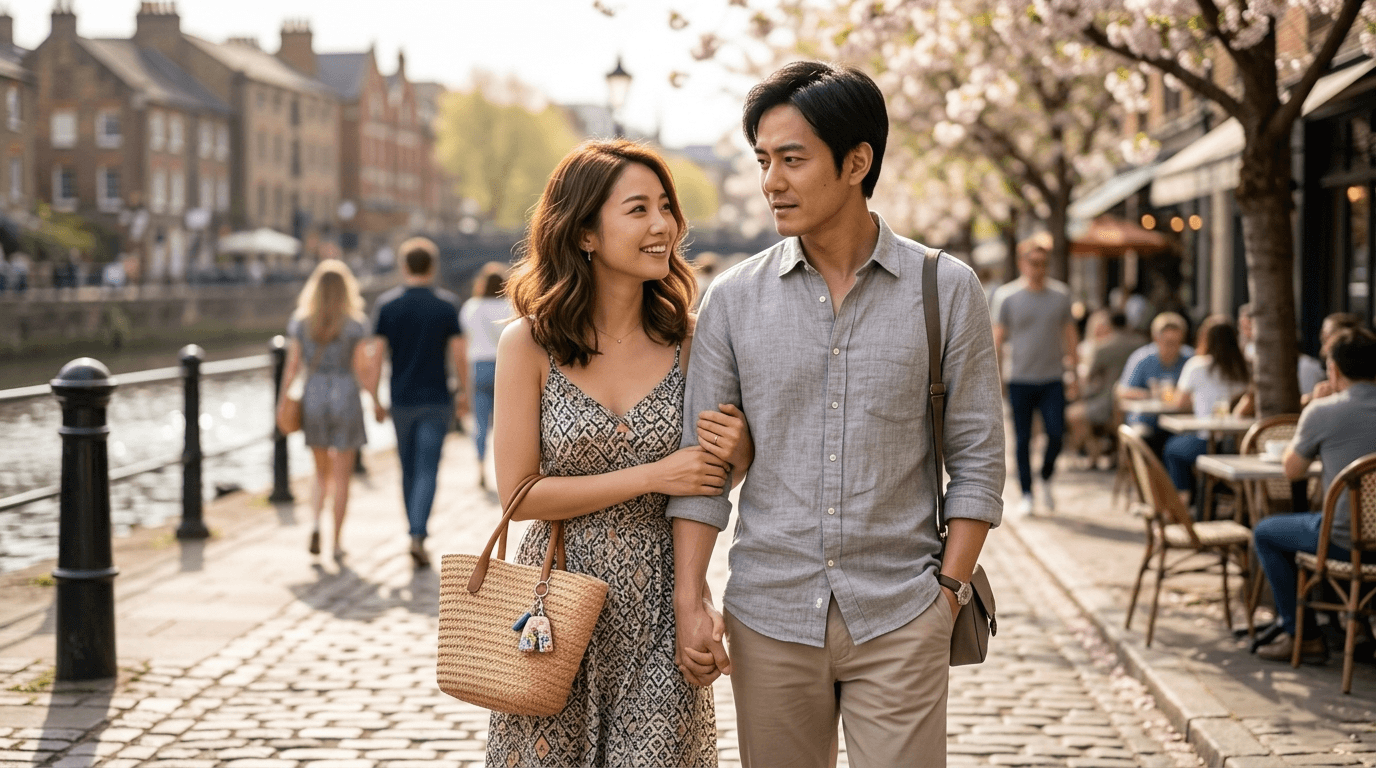 川沿いを寄り添って歩くカップル