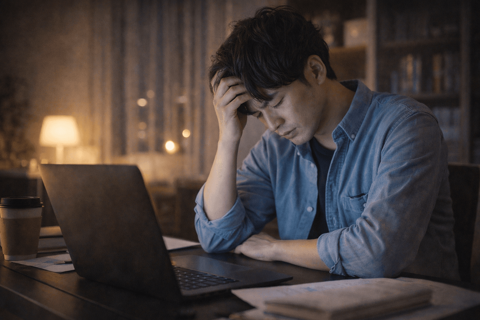 夜、PCの前で頭を抱える男性──彼が急に変わった日