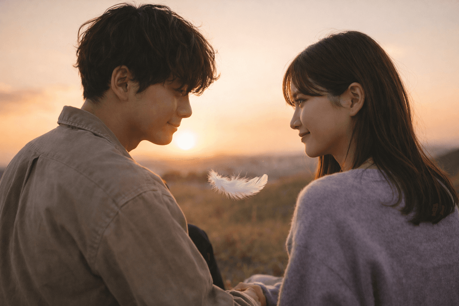 夕日の中で白い羽根が舞うカップル──違いごと愛して