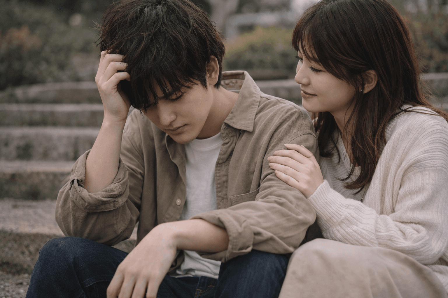 落ち込む彼にそっと寄り添う女性──つまずいたときに手を差し伸べる