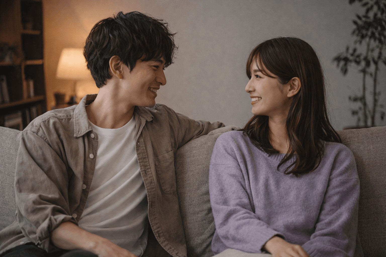 ソファで笑い合うカップル──正反対なのにしっくりくる