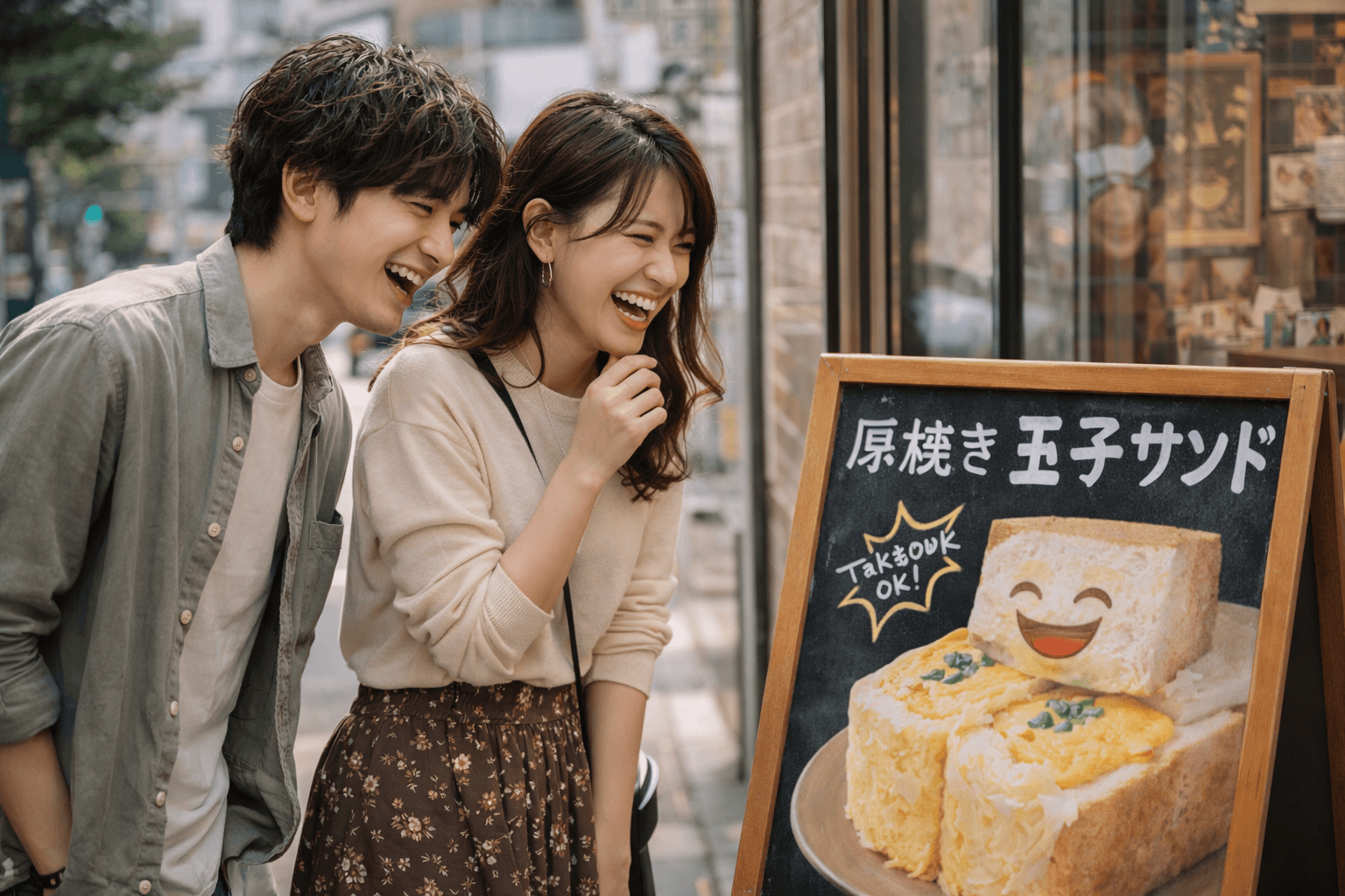 街で看板を見て笑い合うカップル──同じものを見て笑える