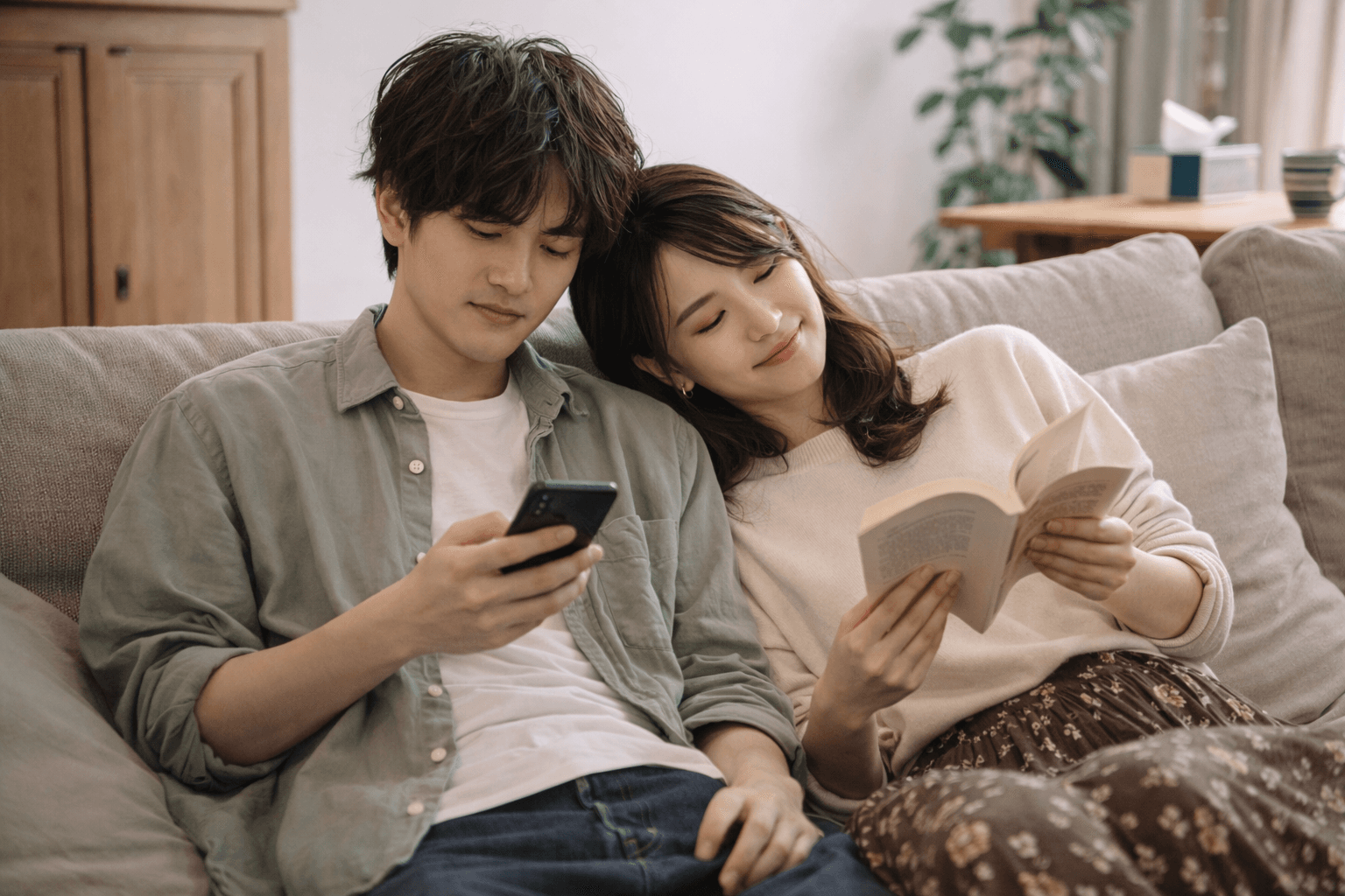 ソファでそれぞれの時間を過ごすカップル──沈黙が怖くない