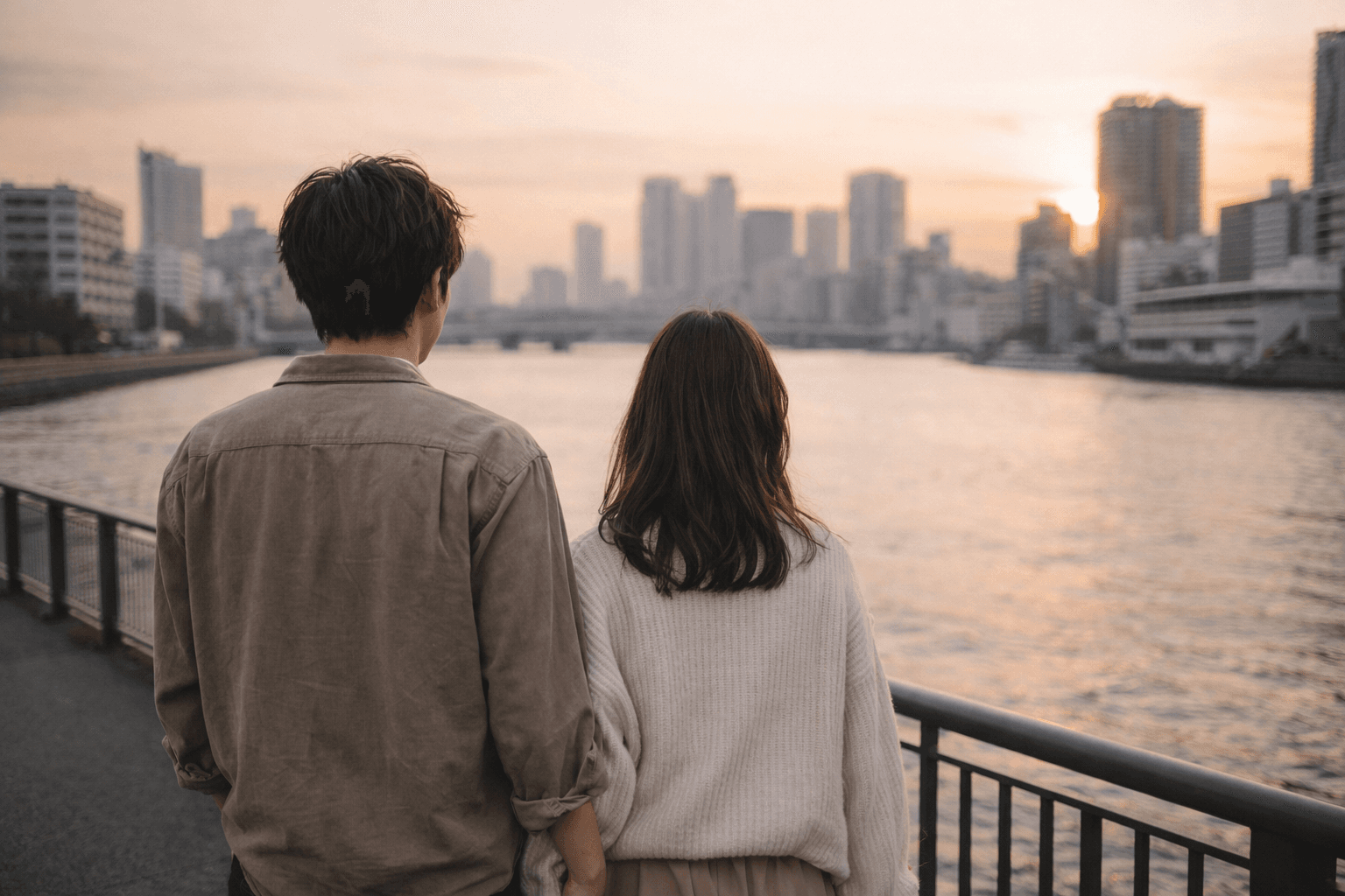 夕日の川沿いで同じ方向を見つめる二人──向かい合うより同じ方向を