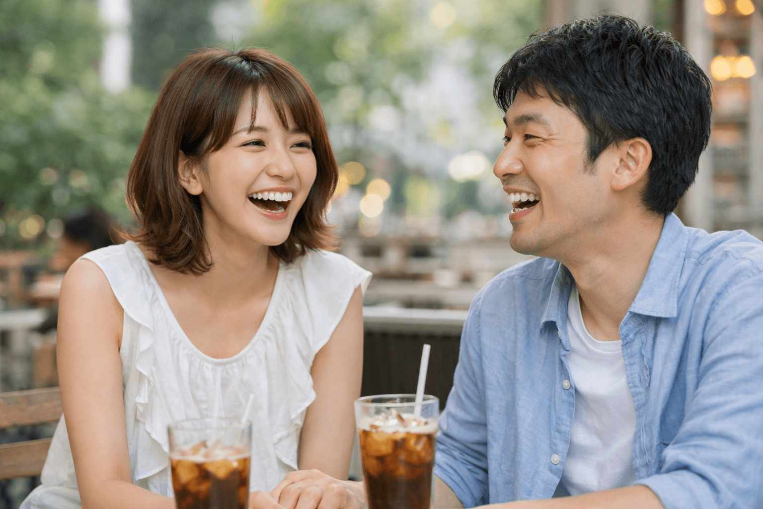 カフェで楽しそうに笑い合うカップル──楽しそうに笑っている