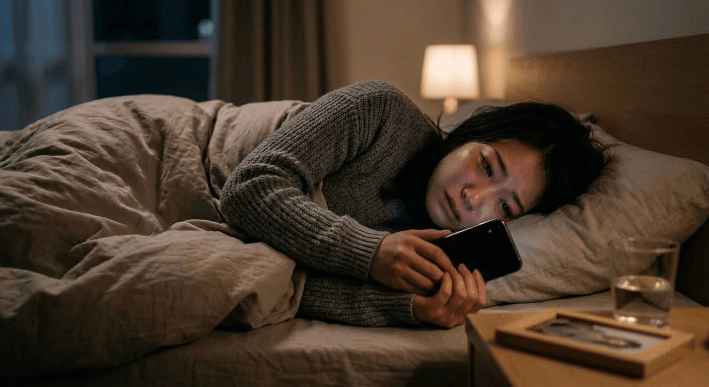 夜ベッドでスマホを見つめる男性——遅れてやってくる後悔