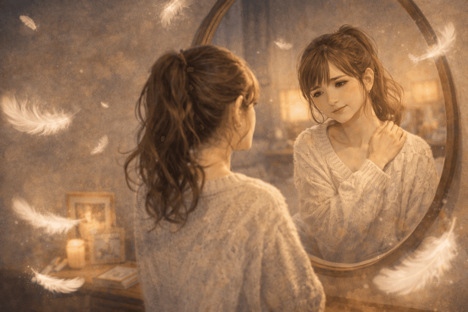 鏡の前の女性と白い羽根──自分で自分を幸せにする
