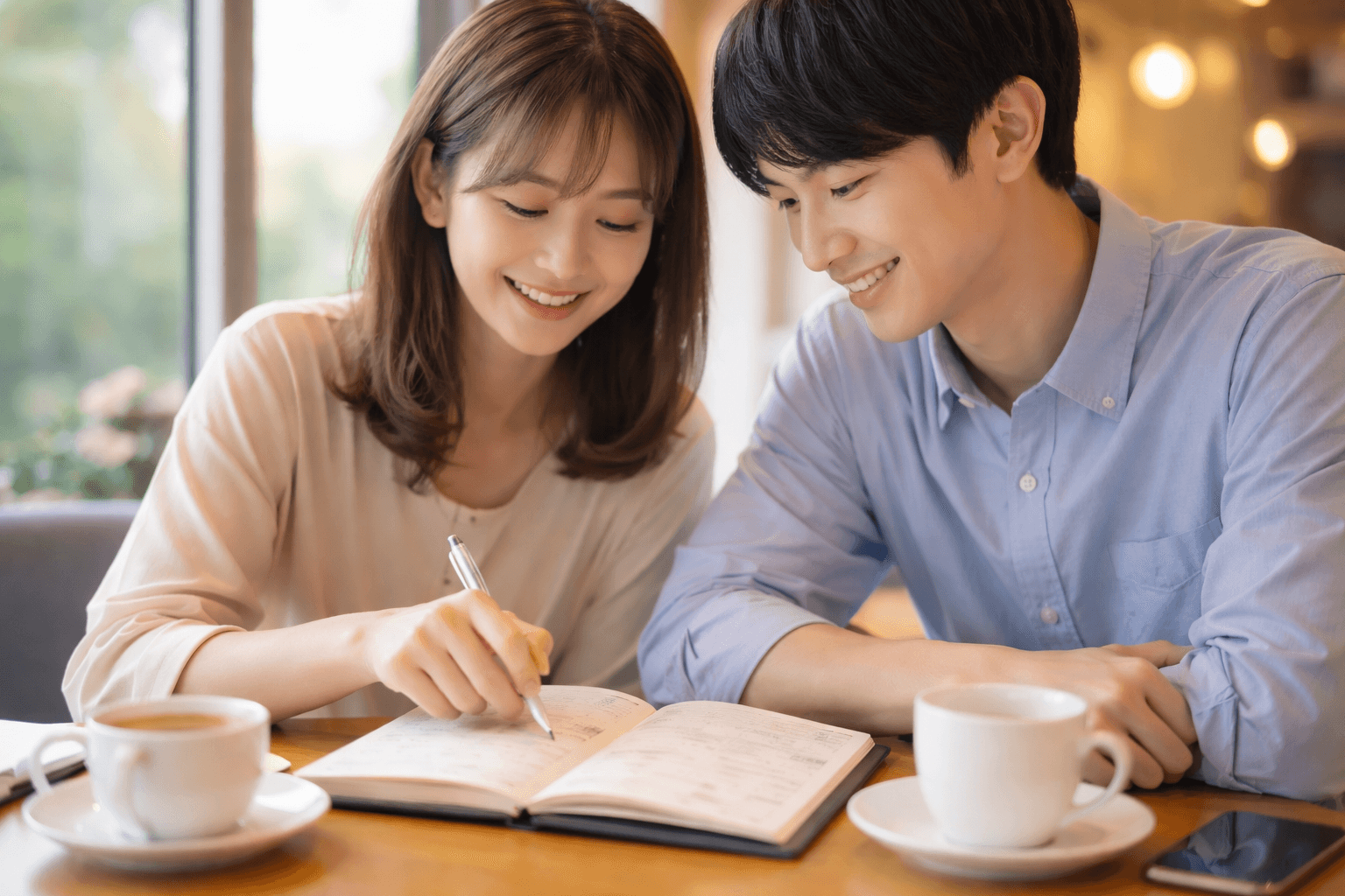 カフェで手帳に将来の計画を書く二人──いつか一緒にいるための未来の話