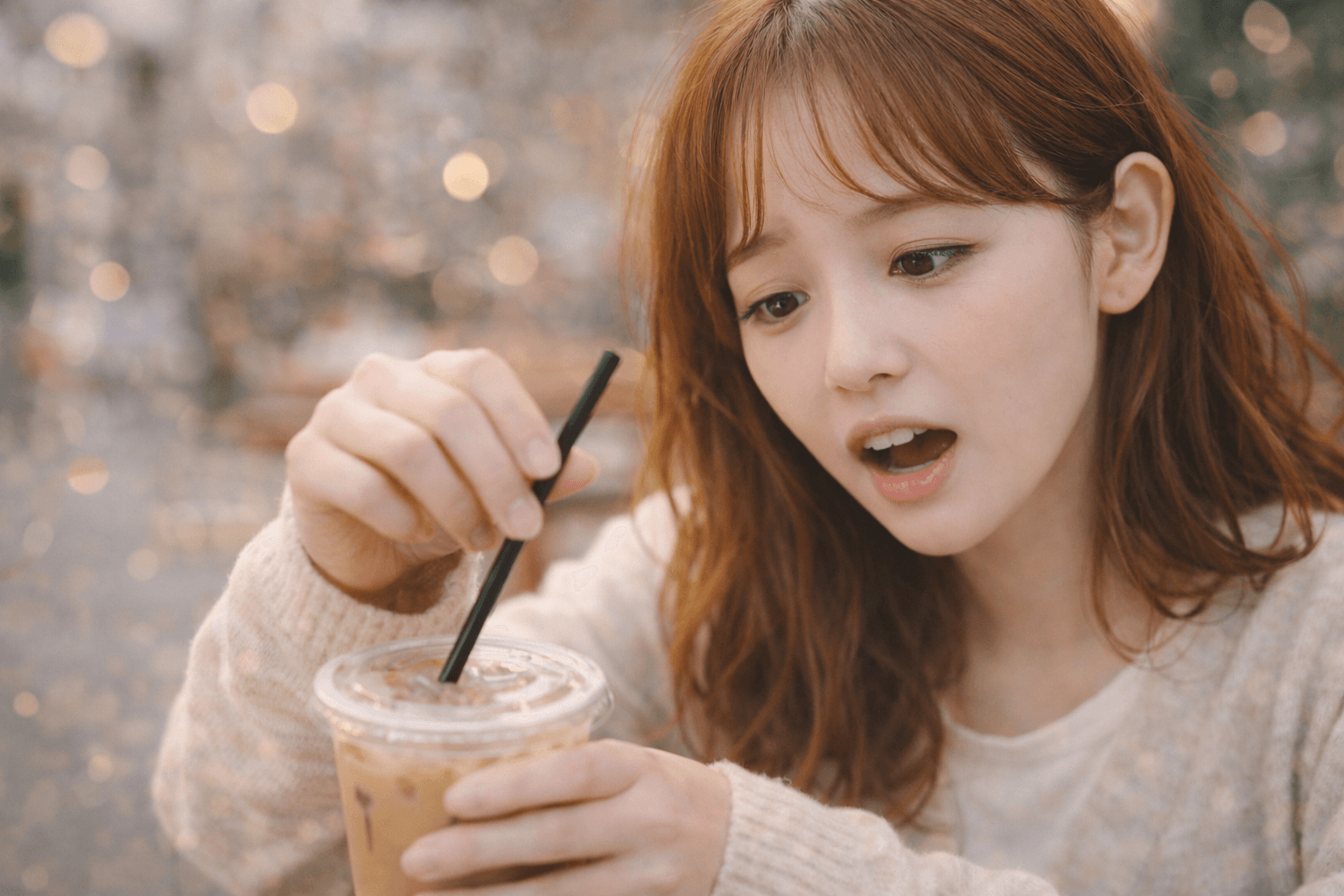 ストローで戸惑う表情──ちょっとドジなところ
