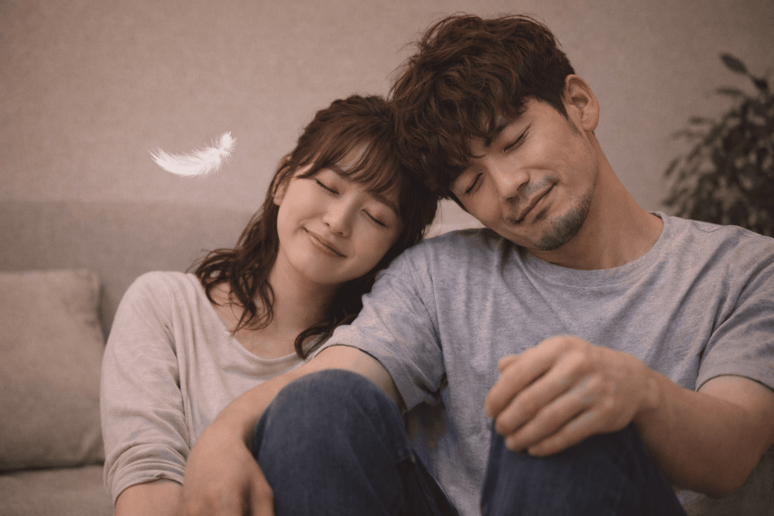 白い羽根が舞うカップル──恋が愛に変わる瞬間