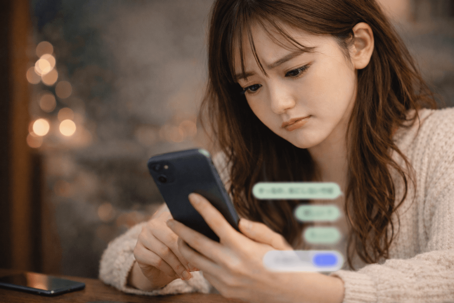 LINE画面を見つめる女性──追いメッセージを送らない