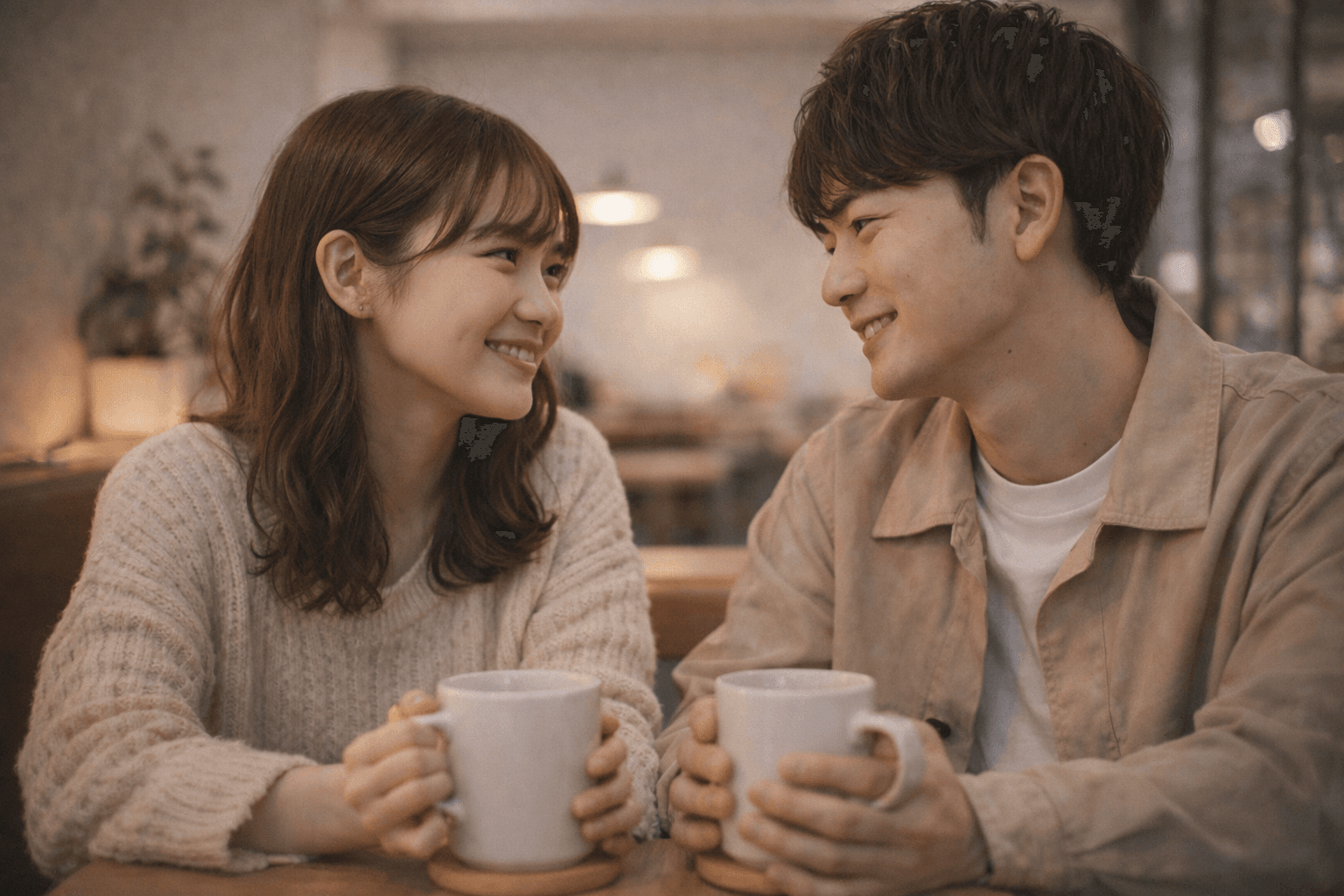 カフェで向かい合って穏やかに見つめ合う二人