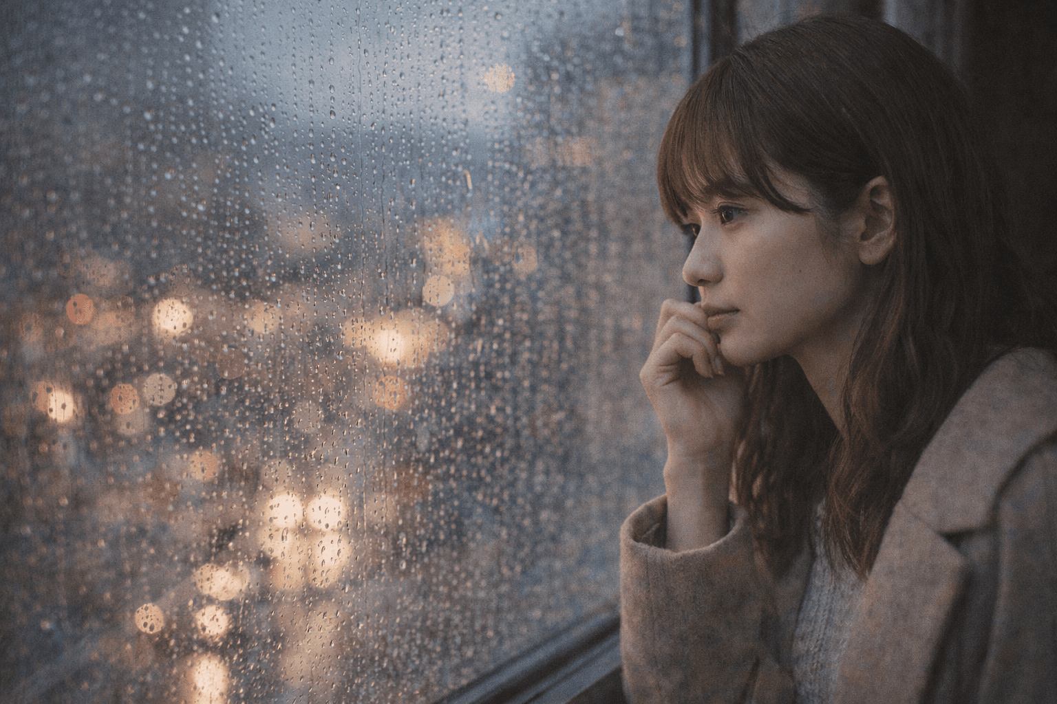 雨の窓辺で時間をかけて気持ちを見つめる女性