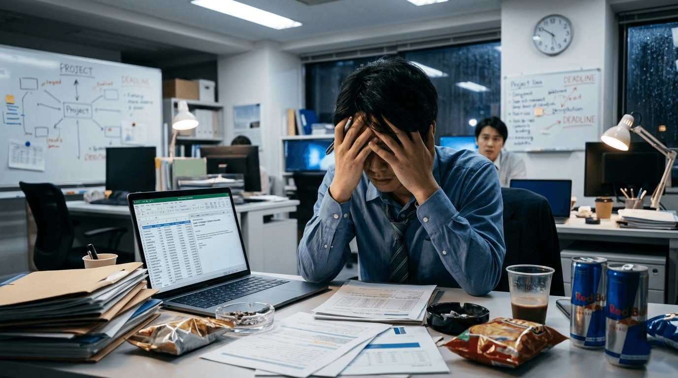 仕事に追われながら元カノを思い出す男性