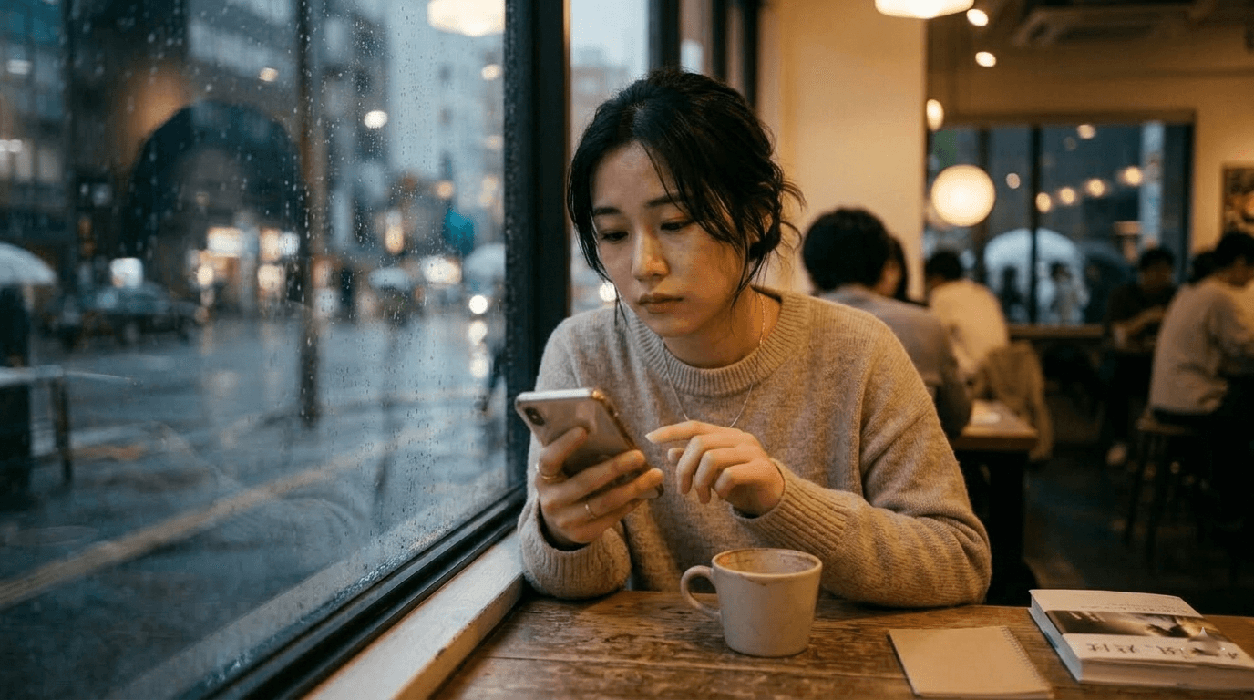 カフェでスマホを見つめる女性——連絡がこない夜