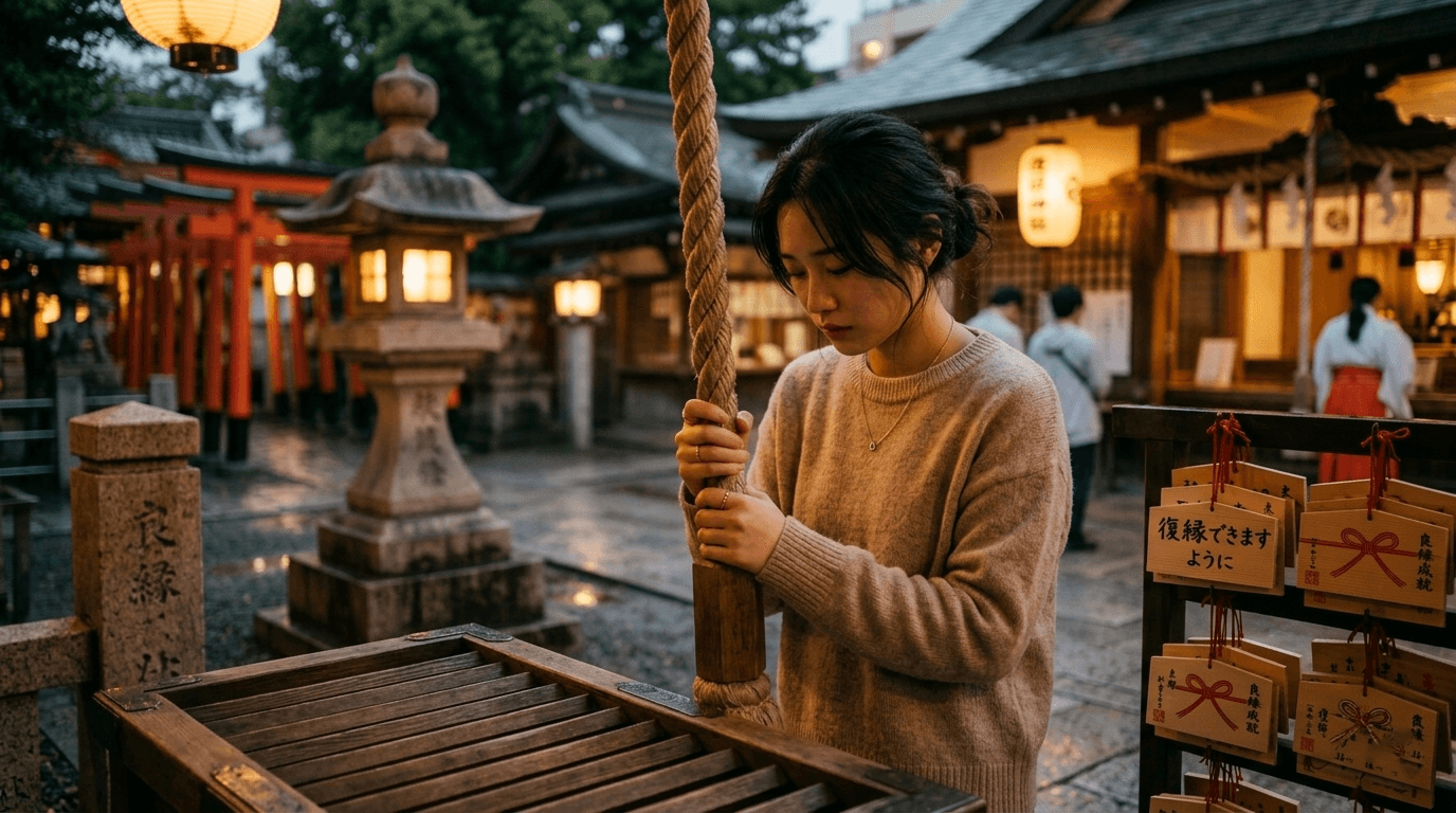 神社でお参りする女性——復縁への祈り