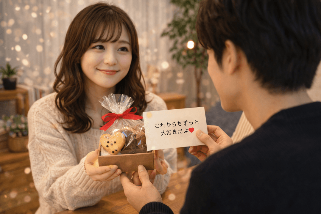 手作りのお菓子とメッセージカードを渡す女性