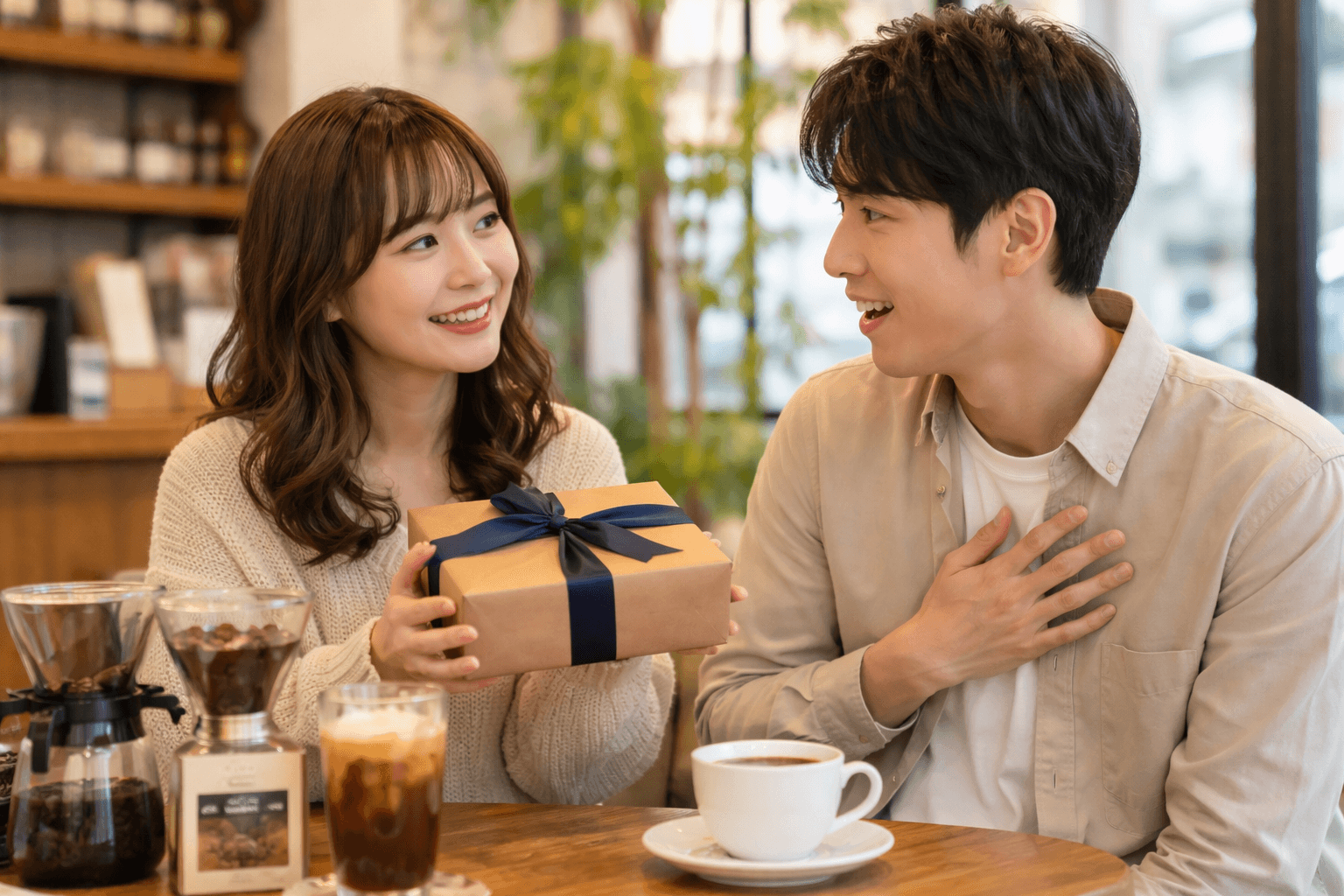 カフェで彼にプレゼントを渡す女性