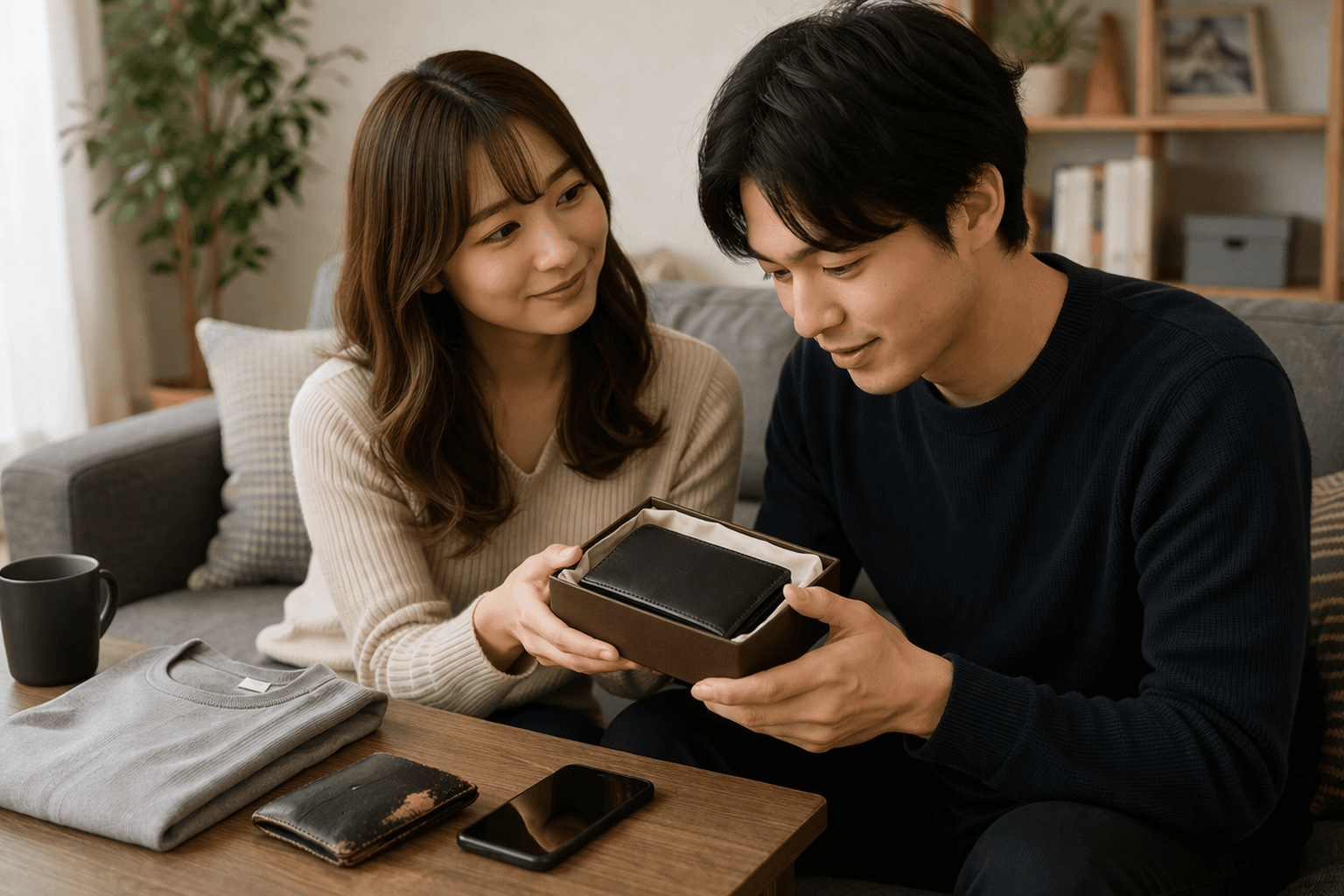 彼の実用品を意識して財布をプレゼントする場面