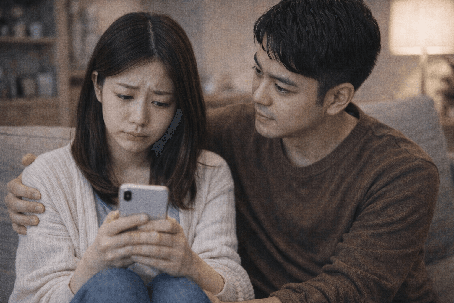 スマホを見つめる女性と寄り添う彼──幸せを彼に預けてしまっている