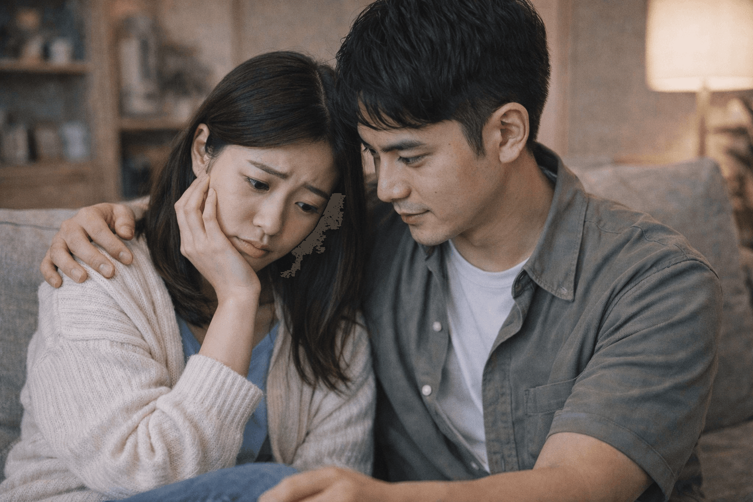 彼に寄り添いながらも不安を抱える女性──幸せに慣れていない