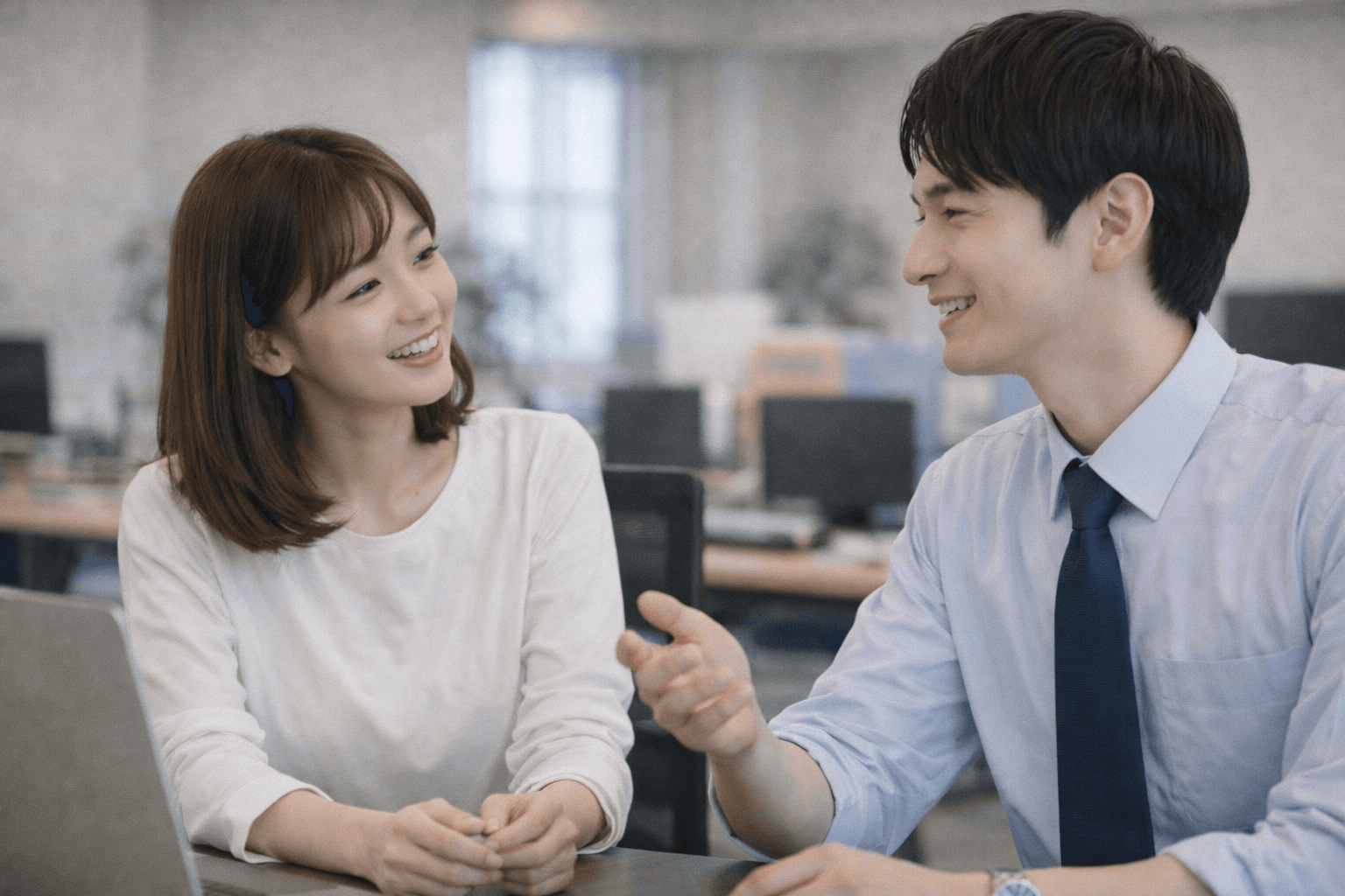 オフィスで楽しそうに会話する二人──プライベートな距離を縮める