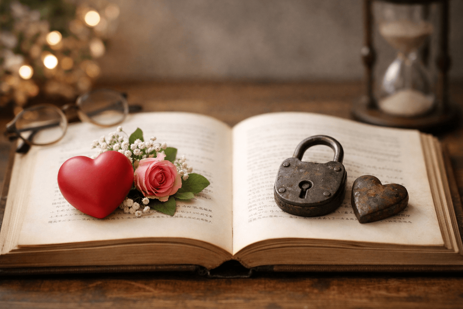 開かれた本の上のハートと南京錠──好きと執着の違い
