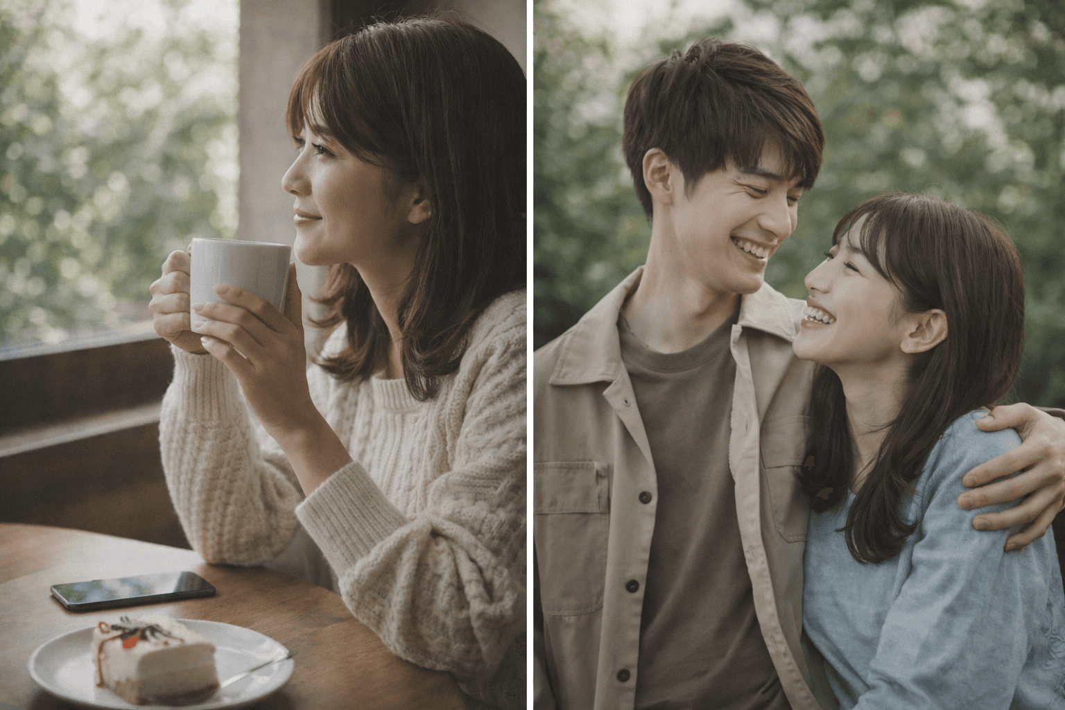 カフェでコーヒーを飲む女性と笑い合うカップル──自分で自分を幸せに
