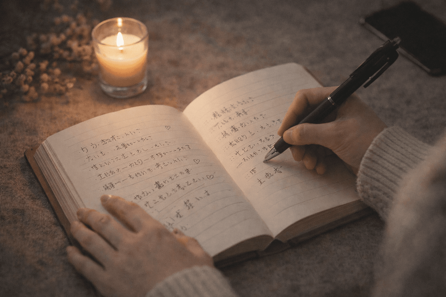 キャンドルの灯りで紙に気持ちを書き出す