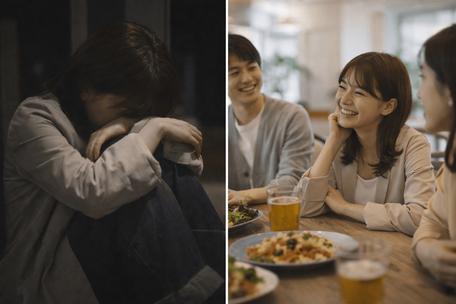 一人で泣く女性と友達と笑う女性──彼がいなくなったら