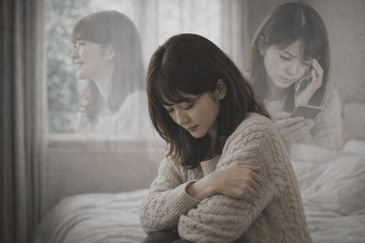 ベッドで膝を抱える女性──執着している自分も一部