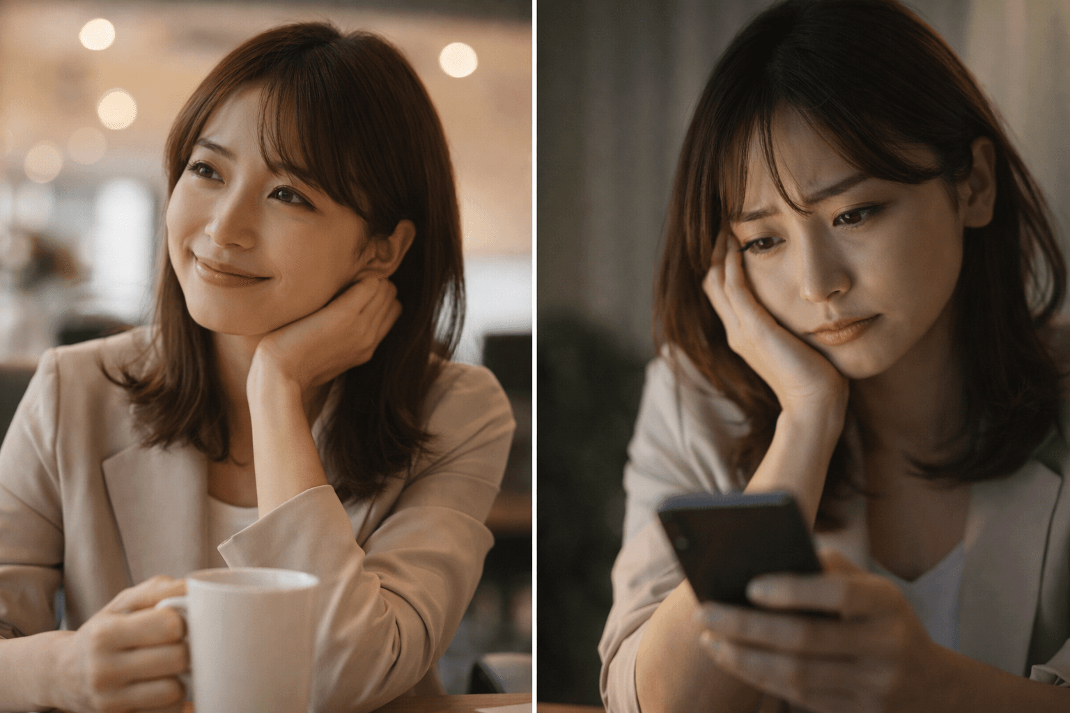 笑顔の女性と不安な女性──思い出したとき幸せ?不安?