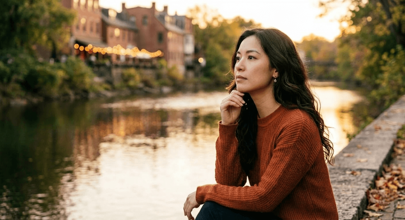 川辺で佇む女性——手放しかけたとき、恋が動き出す