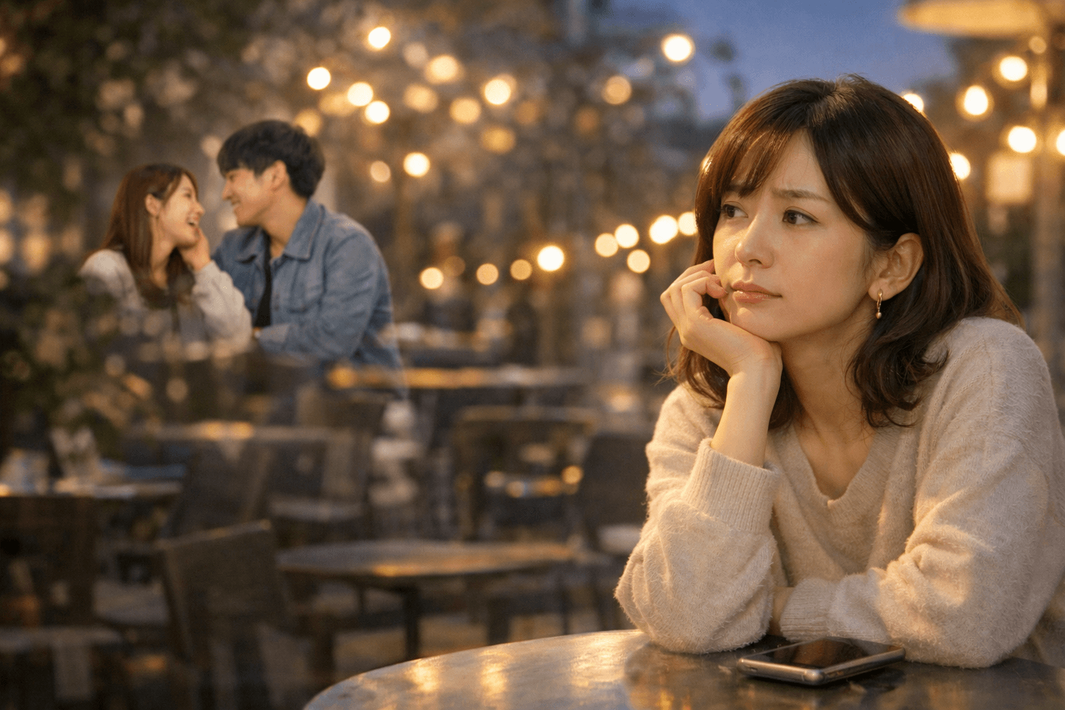 カフェで物思いにふける女性──年下の彼との恋愛に隠れた不安